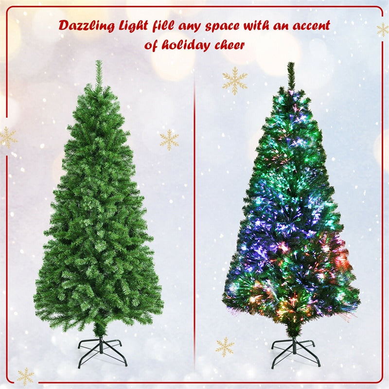 6FT Fiber Optic Artificial Christmas Tree Pre Lit Spruce Xmas Tree with 617 PVC Branch Tips & Solid Metal Stand for Indoor Holiday Decor