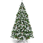 6ft Snow Flocked Christmas Tree Pre-lit Artificial Hinged Xmas Tree with 250 LED Lights, 8 Lighting Modes, Pine Cones, Red Berries for Holiday Decor