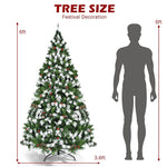 6ft Snow Flocked Christmas Tree Pre-lit Artificial Hinged Xmas Tree with 250 LED Lights, 8 Lighting Modes, Pine Cones, Red Berries for Holiday Decor