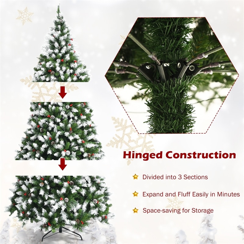 6ft Snow Flocked Christmas Tree Pre-lit Artificial Hinged Xmas Tree with 250 LED Lights, 8 Lighting Modes, Pine Cones, Red Berries for Holiday Decor