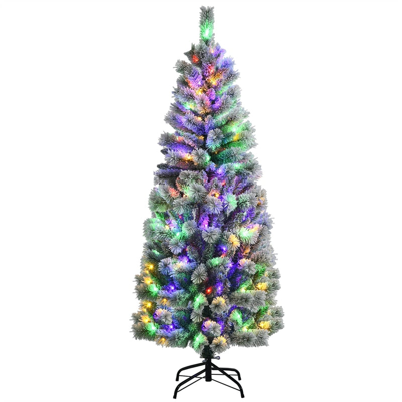 6FT Snow Flocked Christmas Tree Pre-lit Artificial Pine Tree with Remote Control, 200 LED Lights 9 Lighting Modes, Foldable Metal Stand for Home Decor