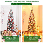 6ft Pre-lit Snow Flocked Pencil Artificial Christmas Tree with 250 LED Lights & Metal Stand