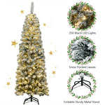 6ft Pre-lit Snow Flocked Pencil Artificial Christmas Tree with 250 LED Lights & Metal Stand