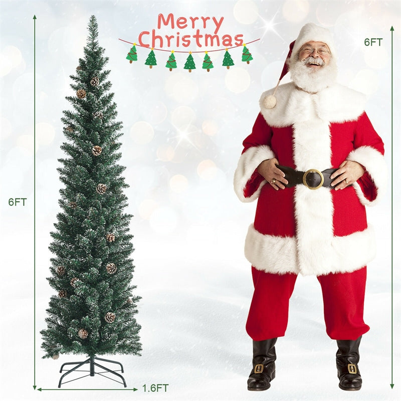 6ft Slim Pencil Christmas Tree Snow Flocked Artificial Xmas Tree with 267 PVC Branch Tips, 31 Pine Cones, Folding Metal Stand for Home Office Holiday