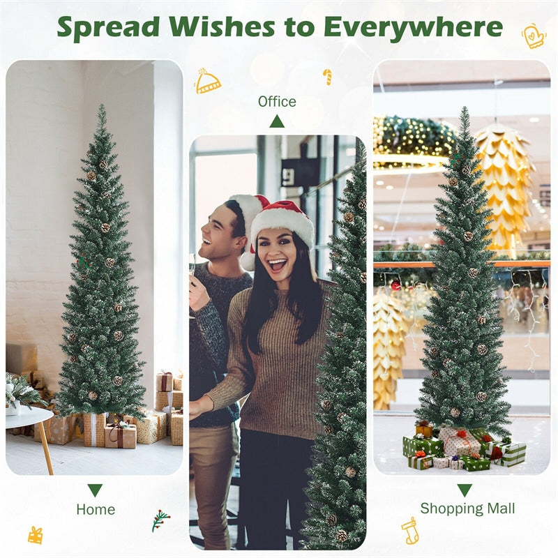 6ft Slim Pencil Christmas Tree Snow Flocked Artificial Xmas Tree with 267 PVC Branch Tips, 31 Pine Cones, Folding Metal Stand for Home Office Holiday