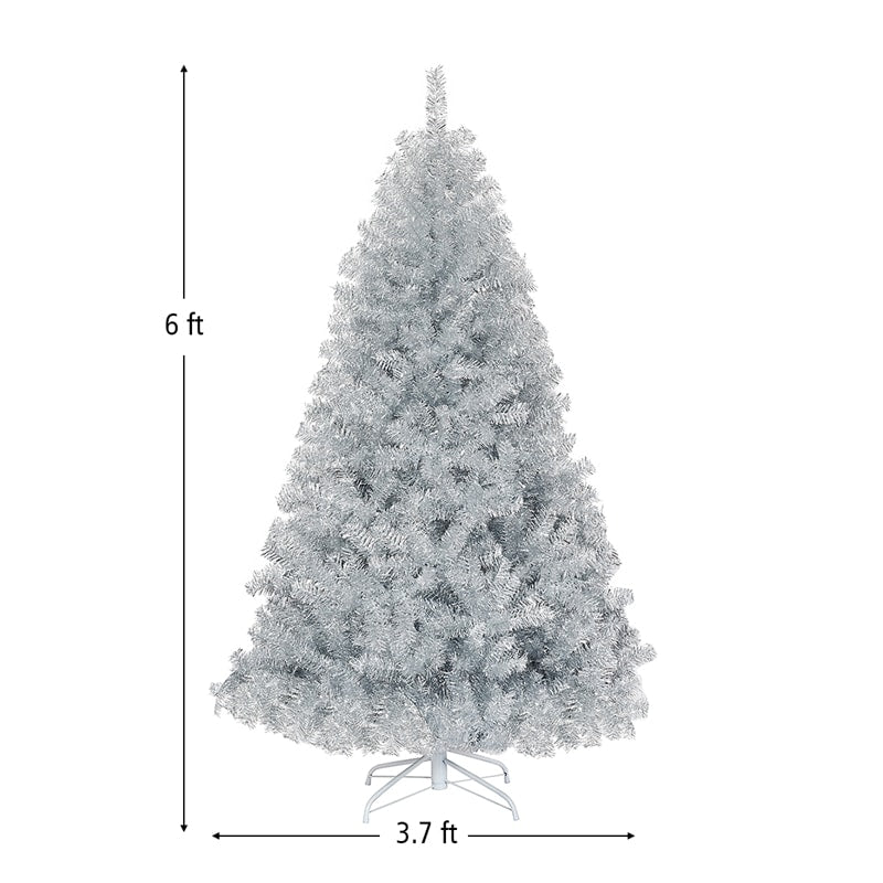 6FT Silver Artificial Christmas Tree Unlit Hinged Full Tree with Metal Stand, Electroplated Technology for Indoor Outdoor Holiday Decor