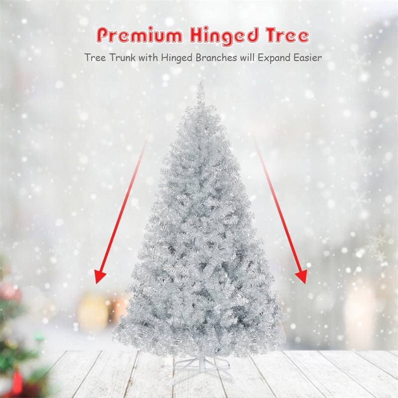 6FT Silver Artificial Christmas Tree Unlit Hinged Full Tree with Metal Stand, Electroplated Technology for Indoor Outdoor Holiday Decor