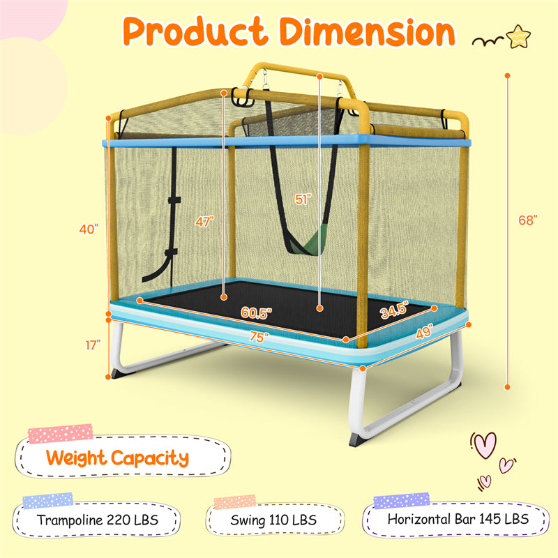 6FT Kids Trampoline ASTM Approved Recreational Trampoline with Swing, Horizontal Bar, Enclosure Net, Indoor Outdoor Mini Rectangle Trampoline