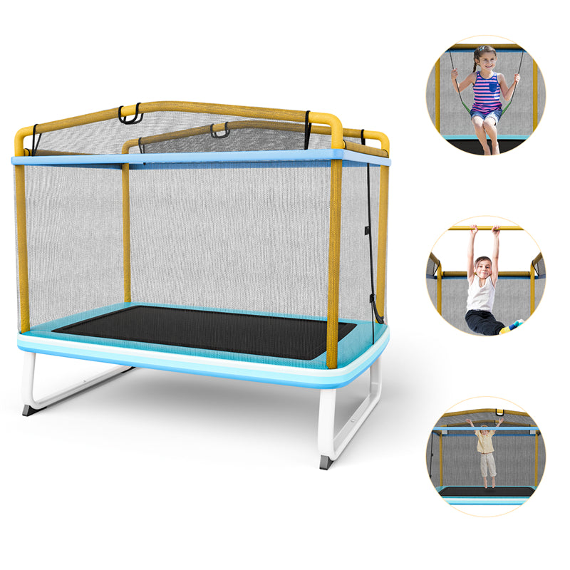 6FT Kids Trampoline ASTM Approved Recreational Trampoline with Swing, Horizontal Bar, Enclosure Net, Indoor Outdoor Mini Rectangle Trampoline