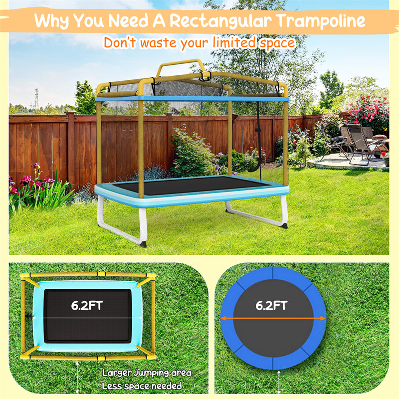 6FT Kids Trampoline ASTM Approved Recreational Trampoline with Swing, Horizontal Bar, Enclosure Net, Indoor Outdoor Mini Rectangle Trampoline