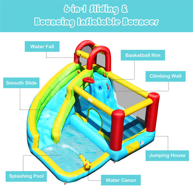 6 in 1 Inflatable Water Slide Bounce House Splash Pool Climbing Wall Basketball Hoop with 480W Blower