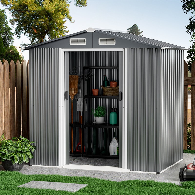 6 x 4 FT Outdoor Storage Shed Galvanized Steel Garden Tool Shed with Lockable Double Sliding Door