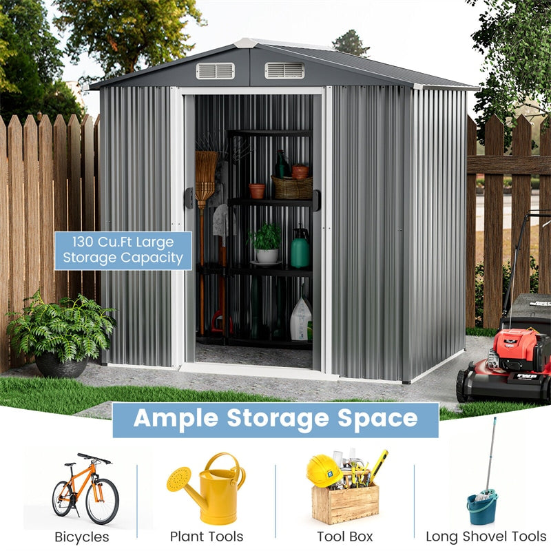 6 x 4 FT Outdoor Storage Shed Galvanized Steel Garden Tool Shed with Lockable Double Sliding Door