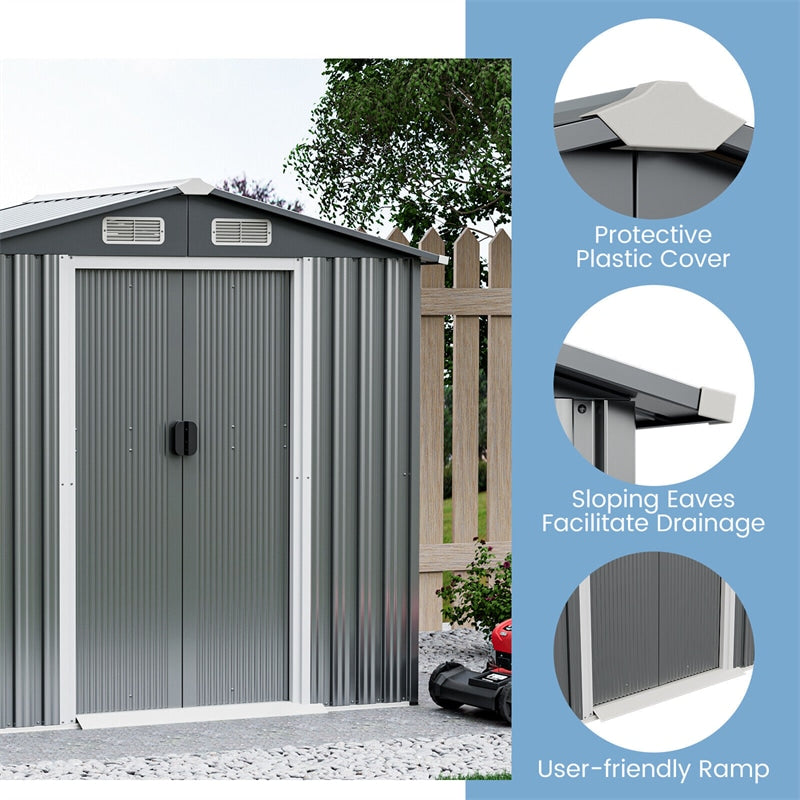 6 x 4 FT Outdoor Storage Shed Galvanized Steel Garden Tool Shed with Lockable Double Sliding Door