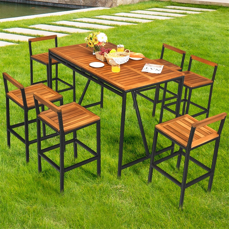 7-Piece Outdoor Acacia Wood Bar Set Rattan Bar Height Patio Dining Set with Umbrella Hole & 6 Bar Stools