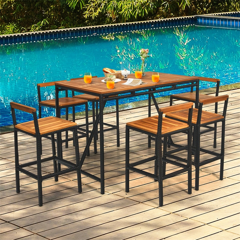 7-Piece Outdoor Acacia Wood Bar Set Rattan Bar Height Patio Dining Set with Umbrella Hole & 6 Bar Stools