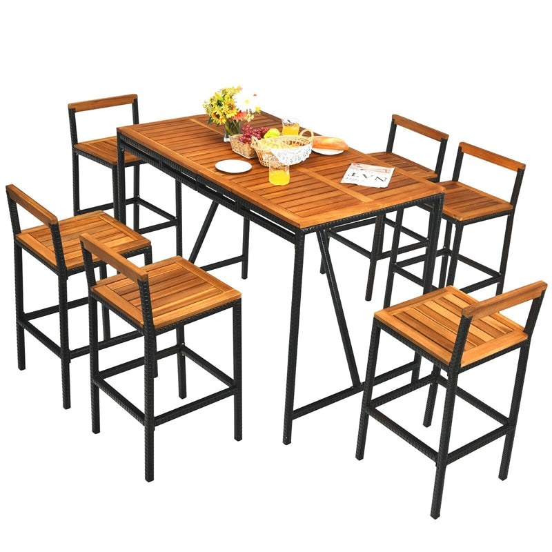 7-Piece Outdoor Acacia Wood Bar Set Rattan Bar Height Patio Dining Set with Umbrella Hole & 6 Bar Stools