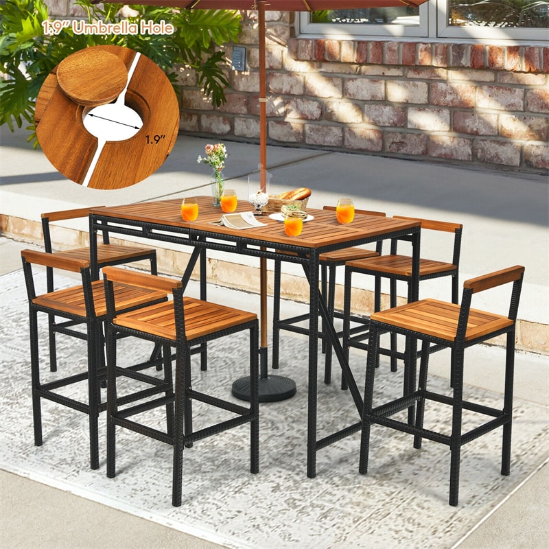 7-Piece Outdoor Acacia Wood Bar Set Rattan Bar Height Patio Dining Set with Umbrella Hole & 6 Bar Stools