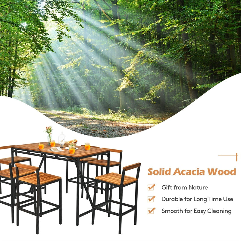 7-Piece Outdoor Acacia Wood Bar Set Rattan Bar Height Patio Dining Set with Umbrella Hole & 6 Bar Stools