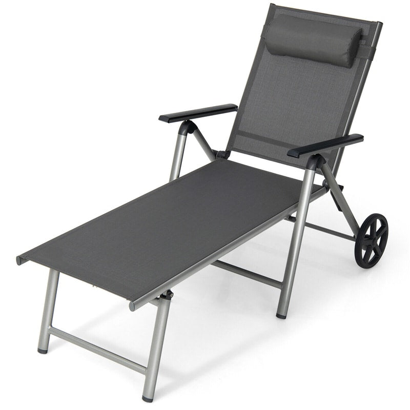 Aluminum Outdoor Chaise Lounge Folding Patio Lounge Chair 7-Position Adjustable Backrest Sun Lounger with 2 Wheels & Removable Headrest