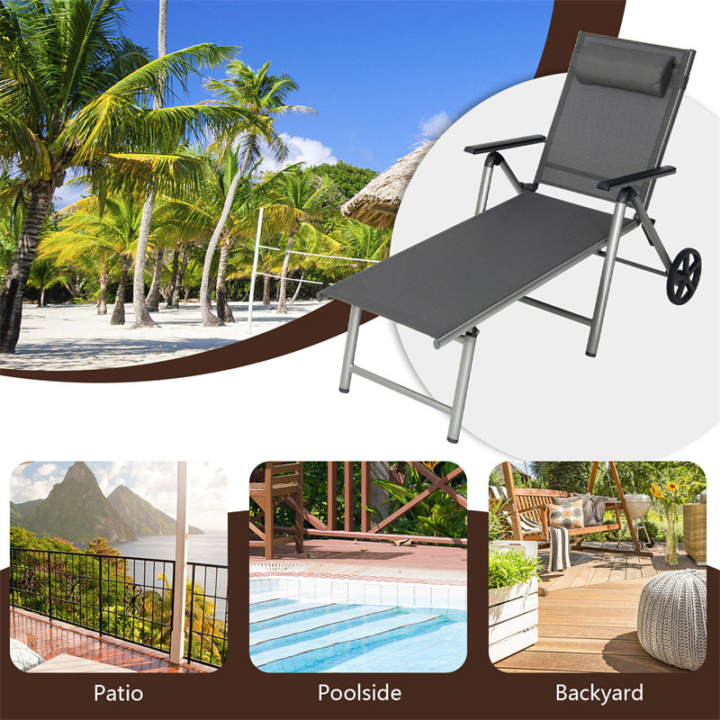 Aluminum Outdoor Chaise Lounge Folding Patio Lounge Chair 7-Position Adjustable Backrest Sun Lounger with 2 Wheels & Removable Headrest