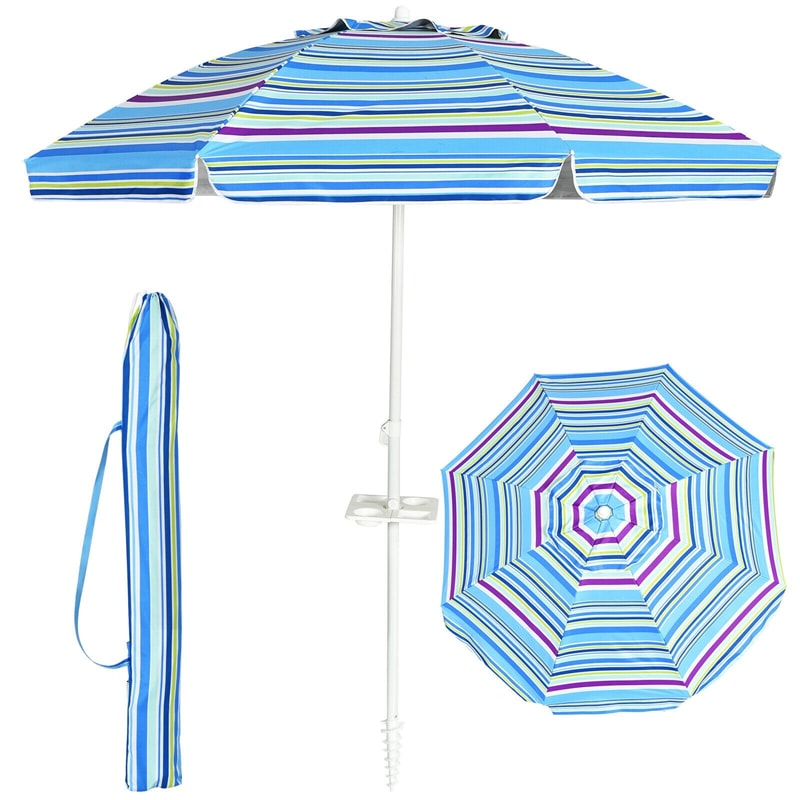 7.2 FT Portable Outdoor Beach Umbrella with Sand Anchor, Tilted Pole & Carrying Bag