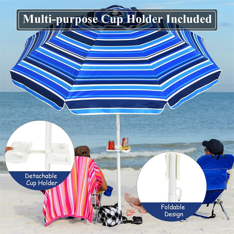 7.2 FT Portable Outdoor Beach Umbrella with Sand Anchor, Tilted Pole & Carrying Bag