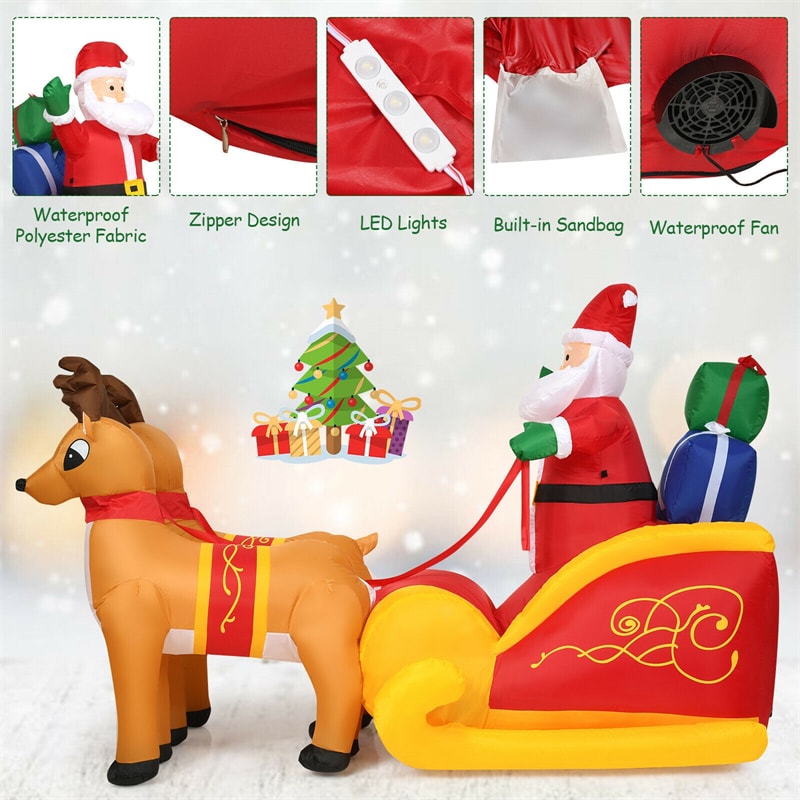 7.5FT Christmas Inflatable LED Lighted Santa Claus on Sleigh with Reindeers & Gift Boxes, Blow up Lighted Outdoor Yard Decoration