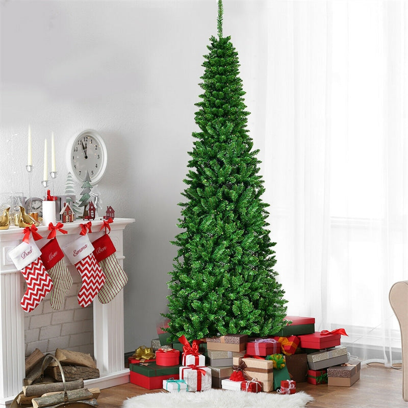 7.5FT Slim Pencil Artificial Christmas Tree Pre Lit Hinged Xmas Tree with 350 Warm White LED Lights & Solid Metal Stand for Home Office