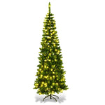 7.5FT Slim Pencil Artificial Christmas Tree Pre Lit Hinged Xmas Tree with 350 Warm White LED Lights & Solid Metal Stand for Home Office