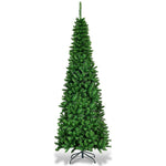 7.5FT Slim Pencil Artificial Christmas Tree Pre Lit Hinged Xmas Tree with 350 Warm White LED Lights & Solid Metal Stand for Home Office