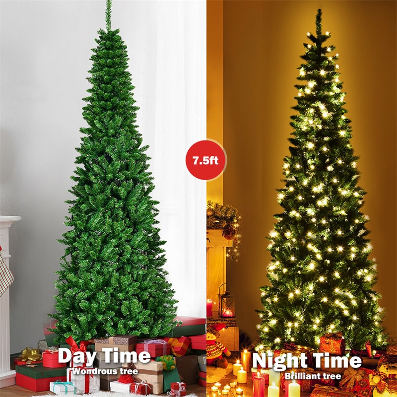 7.5FT Slim Pencil Artificial Christmas Tree Pre Lit Hinged Xmas Tree with 350 Warm White LED Lights & Solid Metal Stand for Home Office