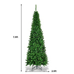 7.5FT Slim Pencil Artificial Christmas Tree Pre Lit Hinged Xmas Tree with 350 Warm White LED Lights & Solid Metal Stand for Home Office