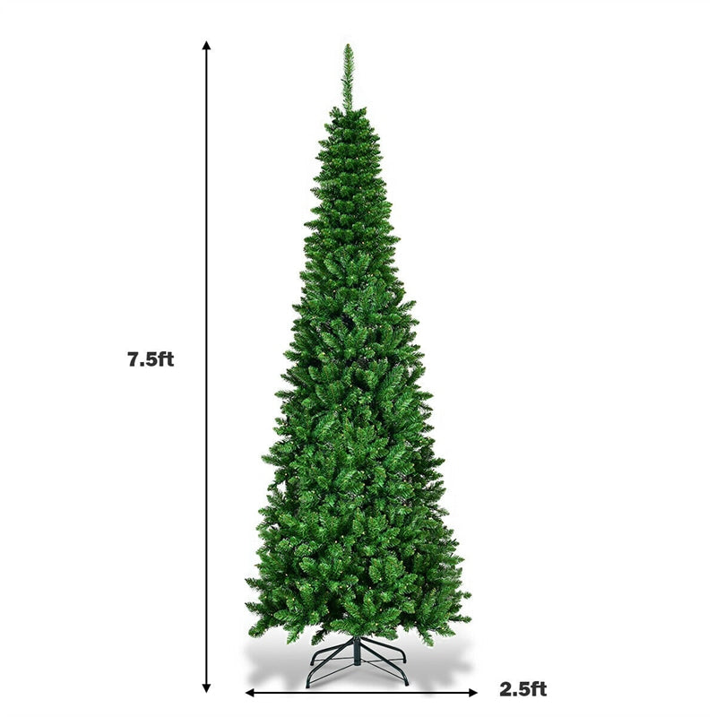 7.5FT Slim Pencil Artificial Christmas Tree Pre Lit Hinged Xmas Tree with 350 Warm White LED Lights & Solid Metal Stand for Home Office