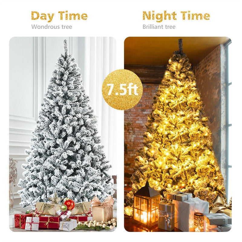 7.5FT Snow Flocked Artificial Christmas Tree Unlit Hinged Full Xmas Tree with 1010 PVC Branch Tips & Metal Stand