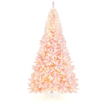 7.5ft Pink Pre-Lit Snow Flocked Christmas Tree with 450 LED Lights 8 Lighting Modes, 1100 PVC Branch Hinged Artificial Xmas Tree for Carnival Decor