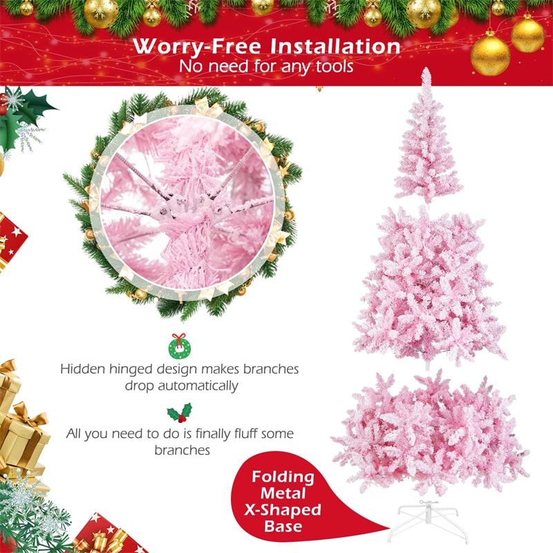 7.5ft Pink Pre-Lit Snow Flocked Christmas Tree with 450 LED Lights 8 Lighting Modes, 1100 PVC Branch Hinged Artificial Xmas Tree for Carnival Decor