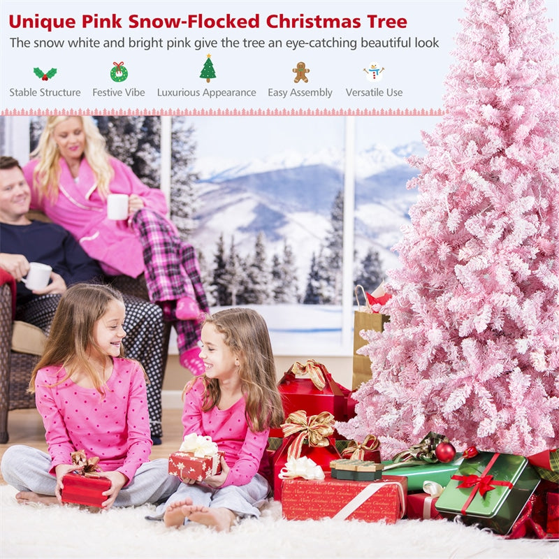 7.5ft Pink Pre-Lit Snow Flocked Christmas Tree with 450 LED Lights 8 Lighting Modes, 1100 PVC Branch Hinged Artificial Xmas Tree for Carnival Decor