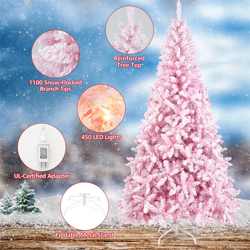 7.5ft Pink Pre-Lit Snow Flocked Christmas Tree with 450 LED Lights 8 Lighting Modes, 1100 PVC Branch Hinged Artificial Xmas Tree for Carnival Decor