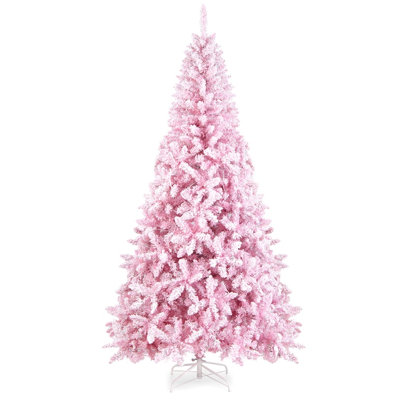 7.5ft Pink Pre-Lit Snow Flocked Christmas Tree with 450 LED Lights 8 Lighting Modes, 1100 PVC Branch Hinged Artificial Xmas Tree for Carnival Decor