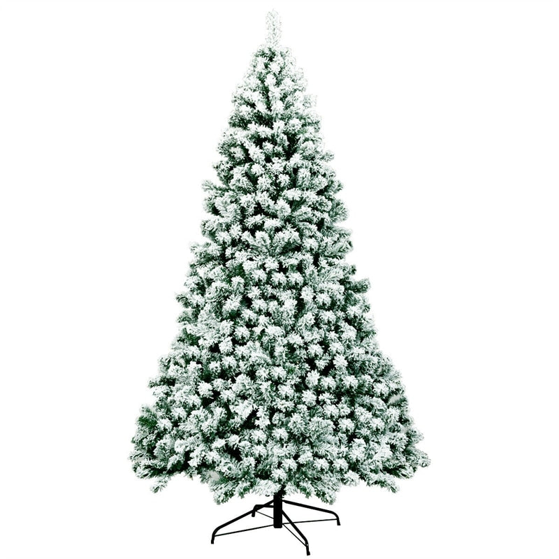 7.5ft Snow Flocked Christmas Tree Pre-Lit Hinged Artificial Tree with 550 Warm LED Lights, 1346 Branch Tips, Folding Metal Stand for Holiday Decor