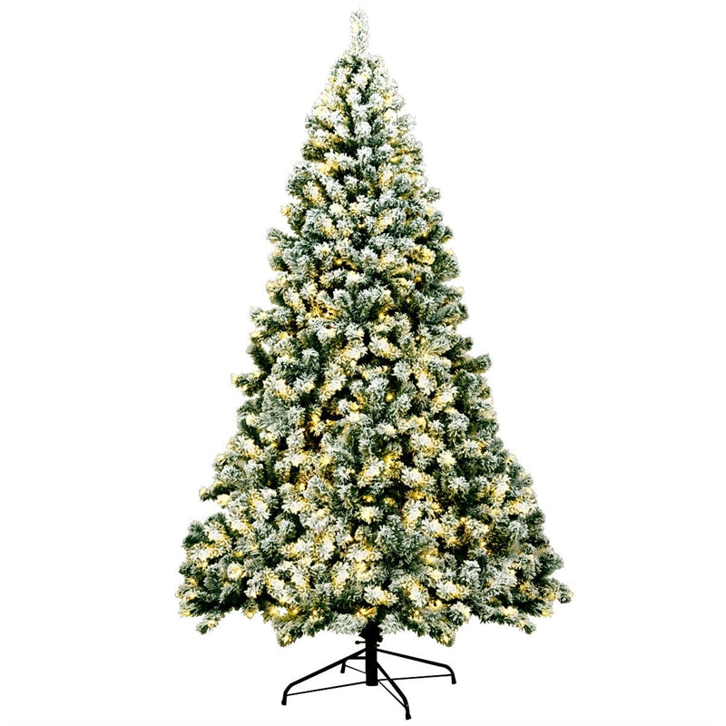 7.5ft Snow Flocked Christmas Tree Pre-Lit Hinged Artificial Tree with 550 Warm LED Lights, 1346 Branch Tips, Folding Metal Stand for Holiday Decor