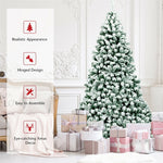 7.5ft Snow Flocked Christmas Tree Pre-Lit Hinged Artificial Tree with 550 Warm LED Lights, 1346 Branch Tips, Folding Metal Stand for Holiday Decor