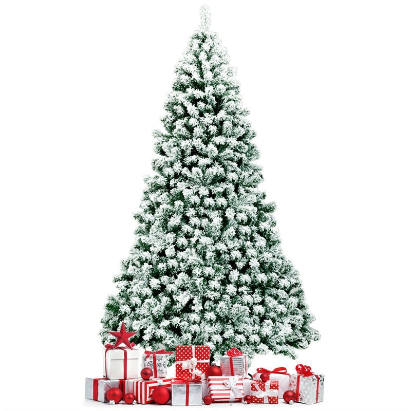 7.5ft Snow Flocked Christmas Tree Pre-Lit Hinged Artificial Tree with 550 Warm LED Lights, 1346 Branch Tips, Folding Metal Stand for Holiday Decor