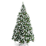 7.5ft Pre-lit Snow Flocked Christmas Tree Hinged Xmas Tree with 550 LED Lights, 8 Lighting Modes, Pine Cones & Red Berries for Holiday Festival Decor