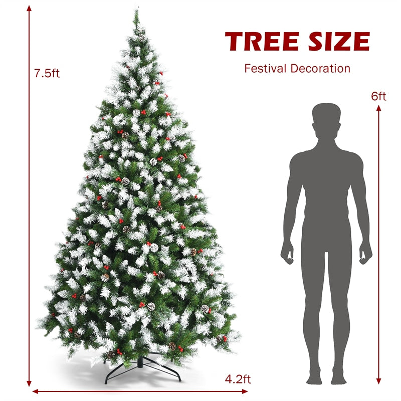 7.5ft Pre-lit Snow Flocked Christmas Tree Hinged Xmas Tree with 550 LED Lights, 8 Lighting Modes, Pine Cones & Red Berries for Holiday Festival Decor