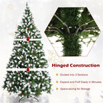 7.5ft Pre-lit Snow Flocked Christmas Tree Hinged Xmas Tree with 550 LED Lights, 8 Lighting Modes, Pine Cones & Red Berries for Holiday Festival Decor