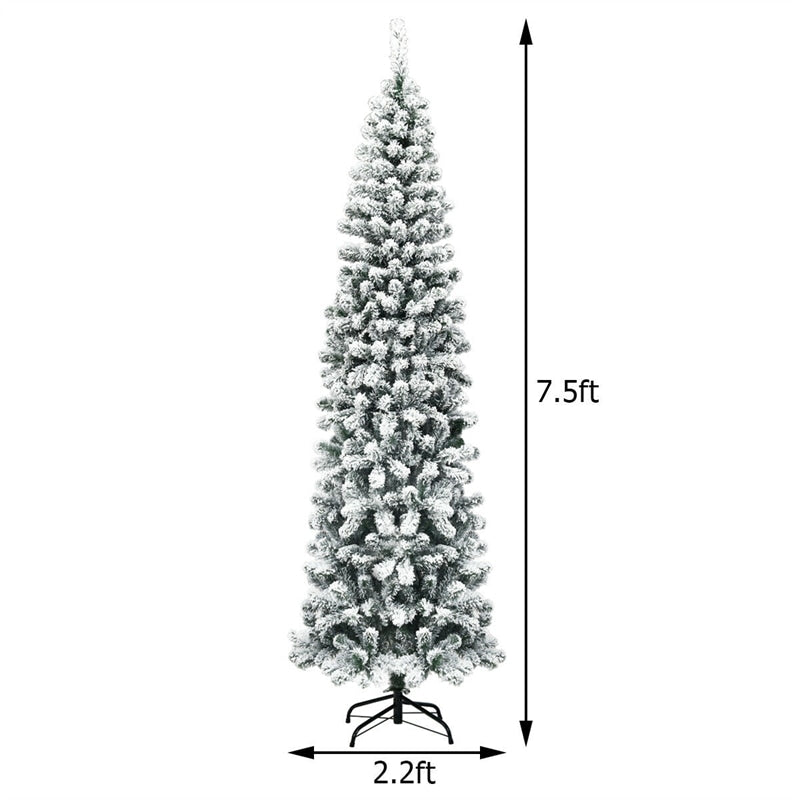 7.5ft Pre-lit Snow Flocked Artificial Pencil Christmas Tree with 350 LED Lights and Metal Stand