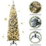 7.5ft Pre-lit Snow Flocked Artificial Pencil Christmas Tree with 350 LED Lights and Metal Stand