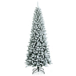 7.5ft Snow Flocked Pencil Christmas Tree Hinged Artificial Slim Xmas Tree with 1189 Branch Tips & Metal Stand